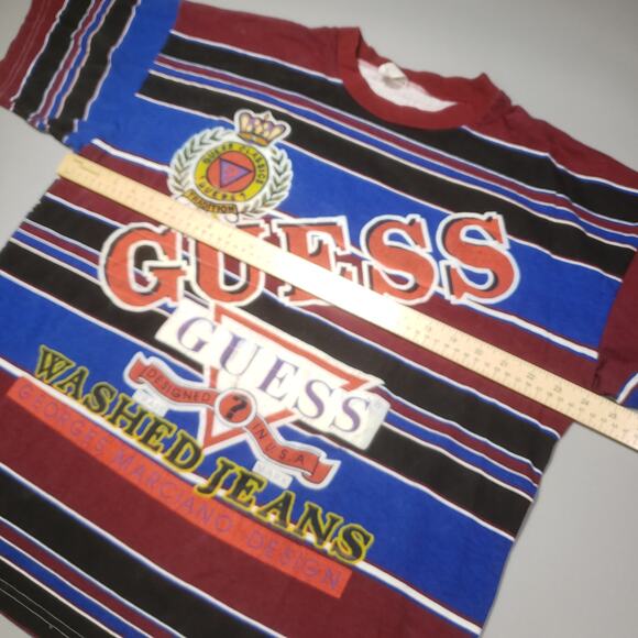 Vintage 80s Guess by George Marciano Striped Boot Logo Spellout Rare Mens USA XL - Picture 6 of 11